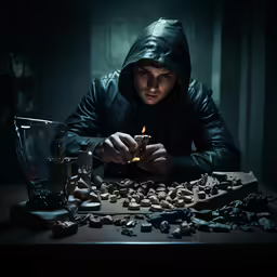 a man is lit by a lighter and surrounded by rocks