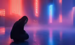 someone kneeling down with neon lights in the background