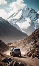 a van is driving along the side of the mountain road