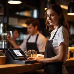a woman standing at a counter in a restaurant, smiling