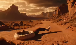 an old man sleeps with a large tire as he rests on the side of a dirt road