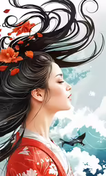 a beautiful young lady with long dark hair flying around