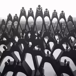 an outdoor sculpture with people standing on top of it