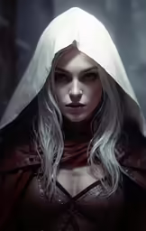 a female in a red dress wearing white hair