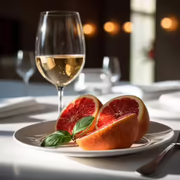 a wine glass next to a grapefruit and a slice of grape