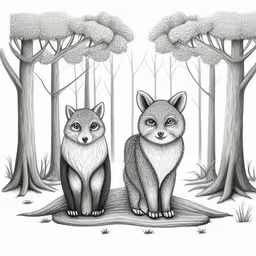 a drawing of two foxes looking at each other in the woods