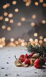 a pile of fruit sitting next to a pine cone