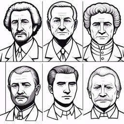 a set of six images depicting men of different races, ages and professions,six portraits of people in different suits,the characters in portraits drawn by hand, each with different facial expressions,a set of six different types of men