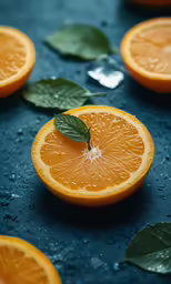 several cut in half orange slices with leafy leaves on a blue surface