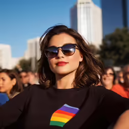 a woman in black shirt and shades with others behind her