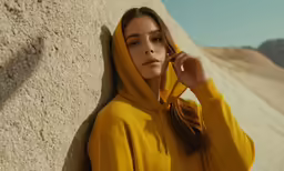 young girl in yellow hoodie leaning against a wall