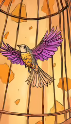 a painted bird flying around inside a cage