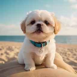 a small white puppy sits on a cushion with his eyes open