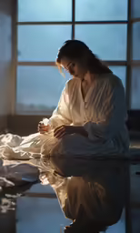 a person in white robes looking down on the ground
