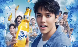 a man holding up a bottle of beer with a group of people in the background