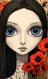a painting of a woman and some red flowers