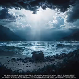 an ocean landscape with bright sun rays breaking through the clouds