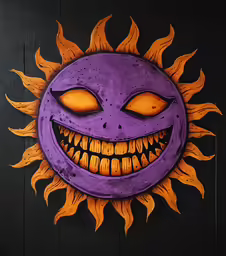 a painting depicting a face painted in purple and orange