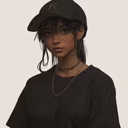 a close up of a person wearing a hat and a black tee shirt