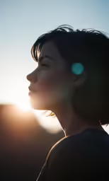 a woman is looking out at the sun with her ear raised and her eyes glowing blue