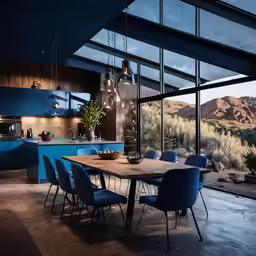 an industrial kitchen with large, wooden table surrounded by blue chairs