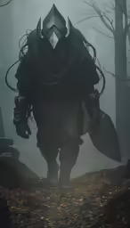 a person with large armor is walking through the forest