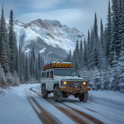 an suv with lights on driving through the snow,a car traveling on snow covered road next to a forest