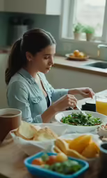 a woman with a glass is eating at a table
