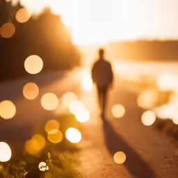 silhouette of person walking on path at dusk with lights behind him