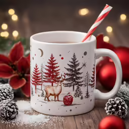 a cup with coffee sitting next to some pinecones