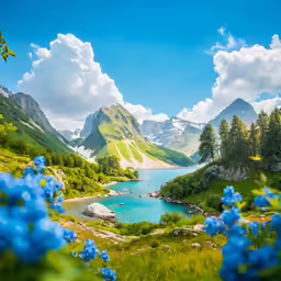 some blue flowers water and trees