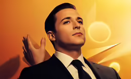 a man in a suit is looking up into the sky