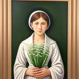 a painting of a woman holding flowers,a painting of a girl holding a bouquet,an artwork of a woman holding a bunch of flowers,a painting shows the lady with lily of the valley flowers,a painting of a woman holding a bouquet of flowers