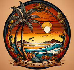 the logo for santa barbara, a tropical resort,a colorful stained glass window with palm trees in the middle of it