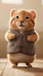 an adorable cat in a coat is standing on its hind legs