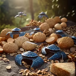 a close up view of some breads and blue mushrooms