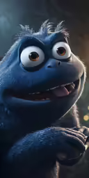 a close up shot of a blue monkey character