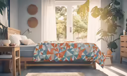a bedroom with a blue bed, orange and white bedspread, potted plant and table