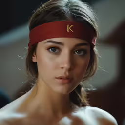 a young woman wearing a red head band