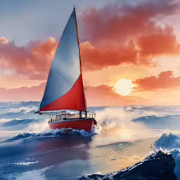 the boat was moving through the rough ocean waves,a sailboat sails through the crashing waves
