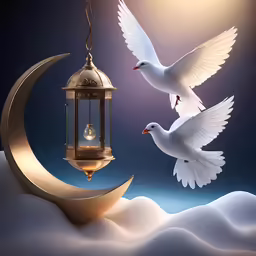 two white doves fly over the moon in this graphic