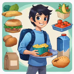 a man is holding a cake and cupcake,a cartoon boy holding a plate of food
