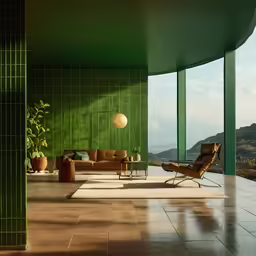 there is an image of a green room with plants and a couch