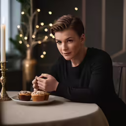 a woman sitting at a table with a plate of cupcakes