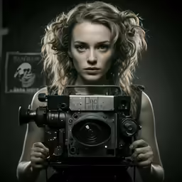 a woman is shown holding up a camera