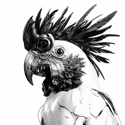 black and white illustration of an african crested cockatoo