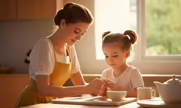 there is an adult and a child that are at a table