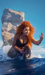 a woman with red hair sitting on the water
