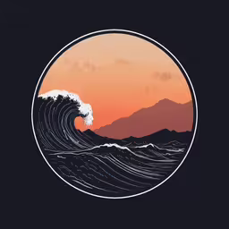 the sun is setting over an ocean wave,a large wave is coming towards the sunset