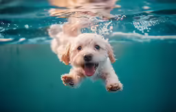 a dog swimming under water with its mouth open